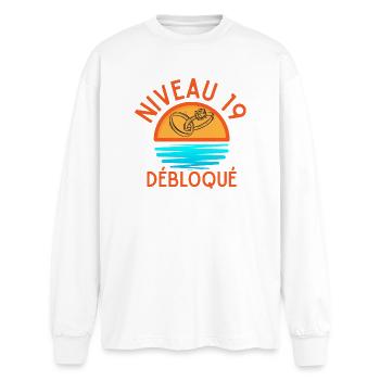 Level 19 Unlocked, a creative and joyful touch - Oversized Long Sleeve T-Shirt - white - Front - AI Model Male 185 light (185cm)
