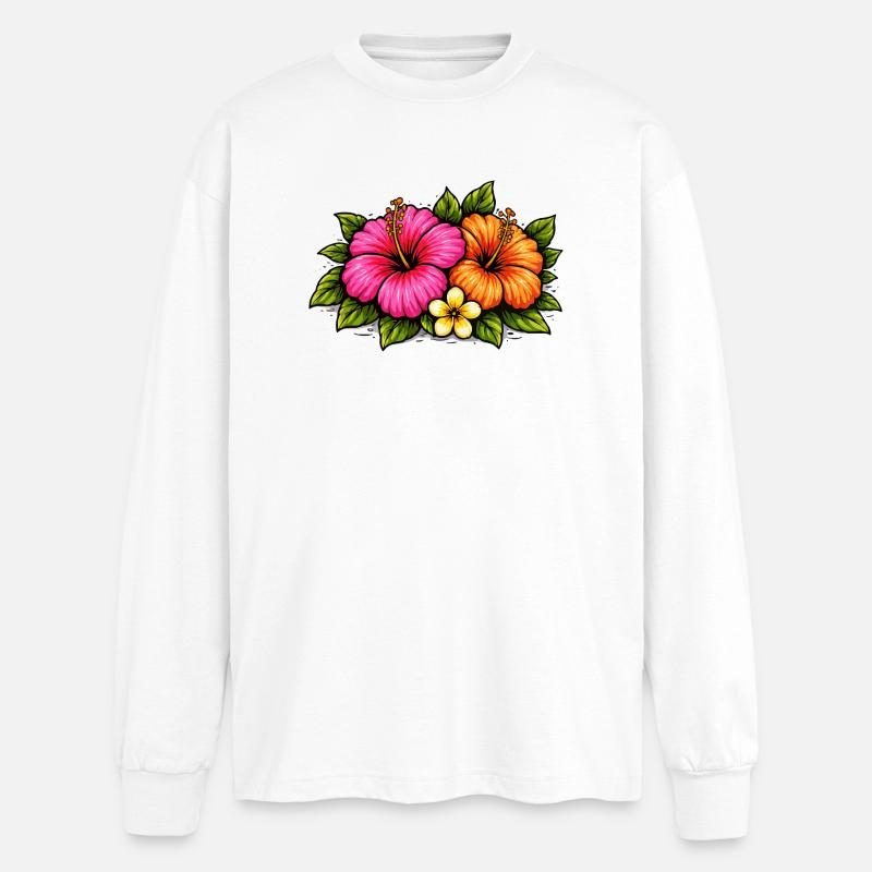 Tropical Hibiscus Flowers - Oversized Long Sleeve T-Shirt - white