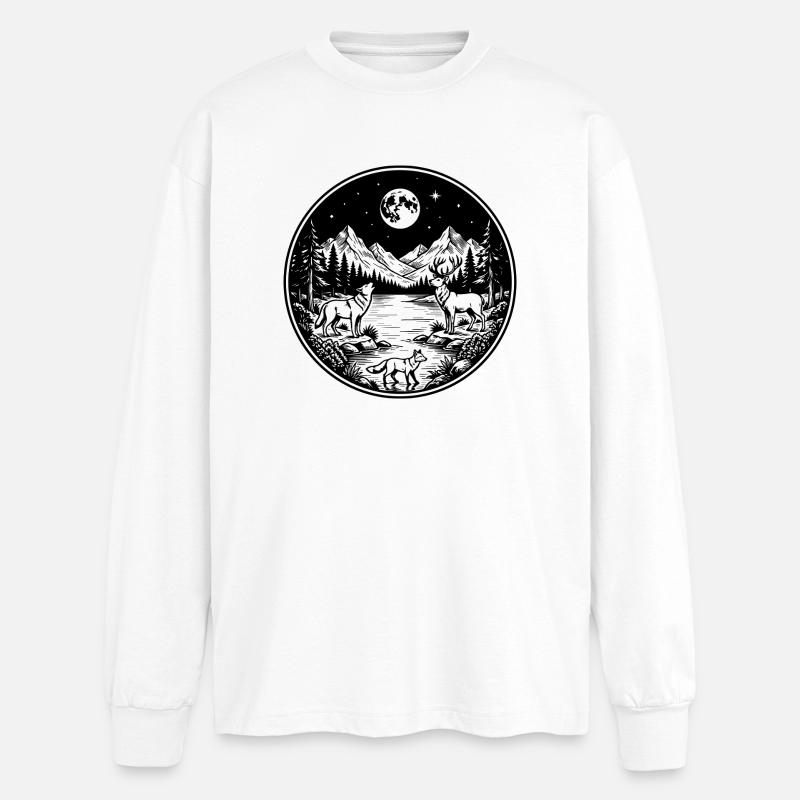 Wolf, deer and fox on the mountain river in the full moon. - Oversized Long Sleeve T-Shirt - white