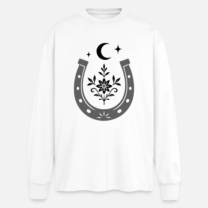 Hufeisen mit Blume & Mond - Glücksdesign - Oversized Langarmshirt  - Weiß