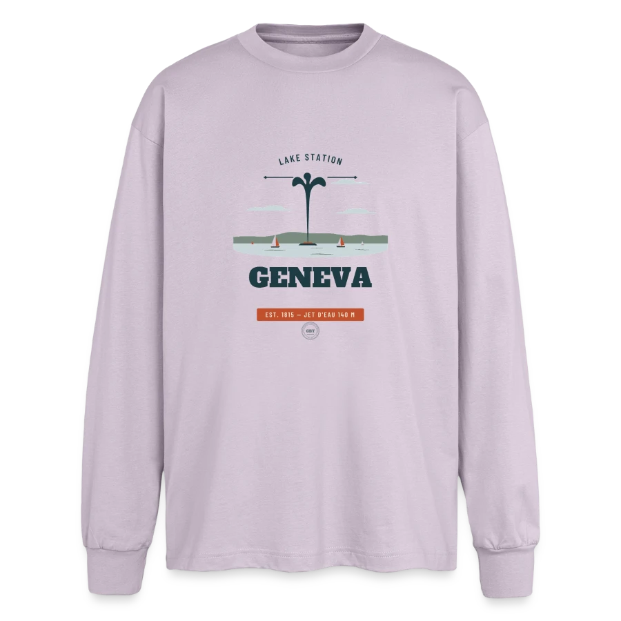 Geneva badge on a oversized long sleeve t-shirt, dusty purple