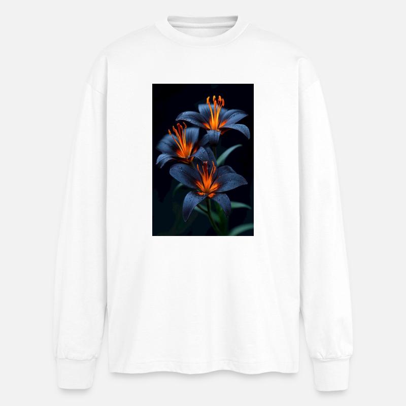 Blaue Lilien mit orangefarbener Mitte Night Bloom - Oversized Langarmshirt  - Weiß