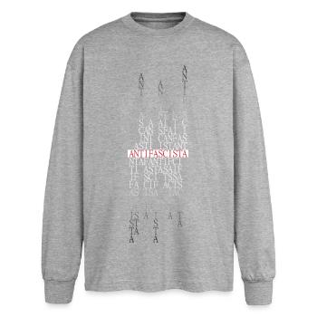 Antifascista Typo Collage rot/gradient - Oversized Langarmshirt  - Grau meliert - Vorne - AI Model Female 180 light (180cm)