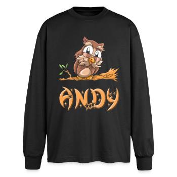 Eule Andy - Oversized Langarmshirt  - Schwarz - Vorne - AI Model Male 185 light (185cm)