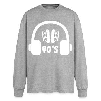 90er Kopfhörer Retro - Oversized Langarmshirt  - Grau meliert - Vorne - AI Model Female 180 light (180cm)