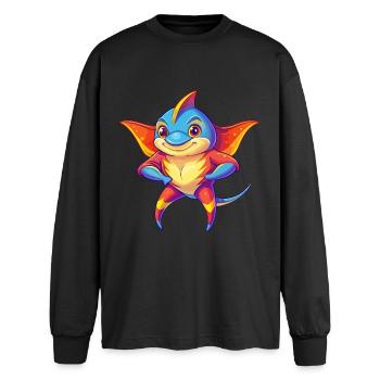 Stingray Buntes Kawaii Cartoon Meerestier - Oversized Langarmshirt  - Schwarz - Vorne - AI Model Male 185 light (185cm)