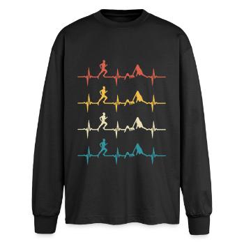 Trail running retro heartbeat jogging mountain run - T-shirt manches longues oversize - noir - Devant - AI Model Male 185 light (185cm)