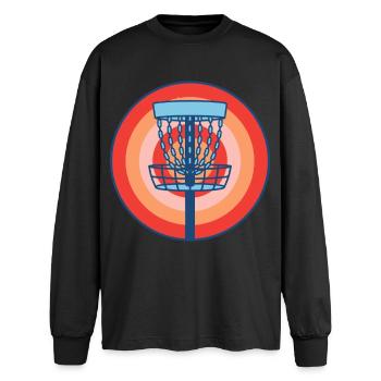 Disc Golf Basket Retro fliegende Discgolf-Szene - Oversized Langarmshirt  - Schwarz - Vorne - AI Model Male 185 light (185cm)