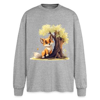 Waldfuchs am goldenen Baum - Oversized Langarmshirt  - Grau meliert - Vorne - AI Model Female 180 light (180cm)