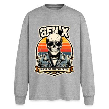 Skull Sunset Denim Rider - Oversized Langarmshirt  - Grau meliert - Vorne - AI Model Female 180 light (180cm)
