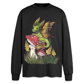 Dragon de la forêt sur champignon papillon mignon - T-shirt manches longues oversize - noir - Devant - AI Model Male 185 light (185cm)