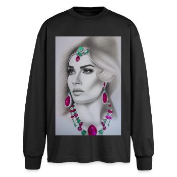 Frau mit Schmuck - Oversized Langarmshirt  - Schwarz - Vorne - AI Model Male 185 light (185cm)