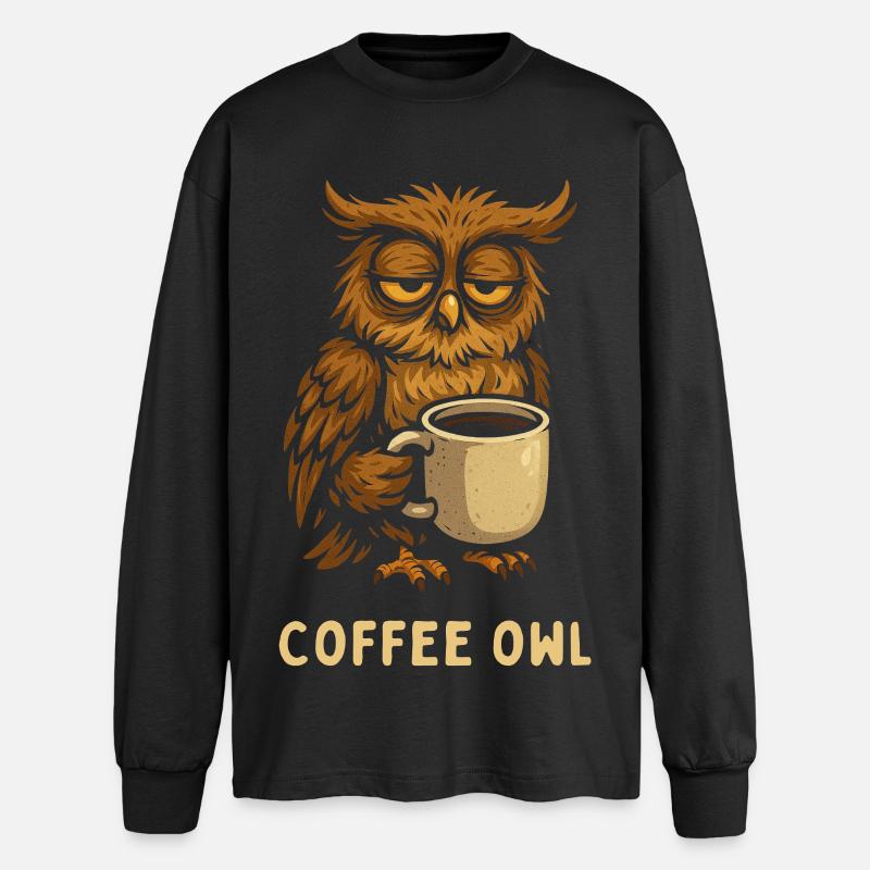 Coffee Owl - Kaffee Eule mit Becher Espresso  - Oversized Langarmshirt  - Schwarz