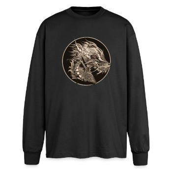 kunstvoll gestalteter mystischer Drachen Patch - Oversized Langarmshirt  - Schwarz - Vorne - AI Model Male 185 light (185cm)