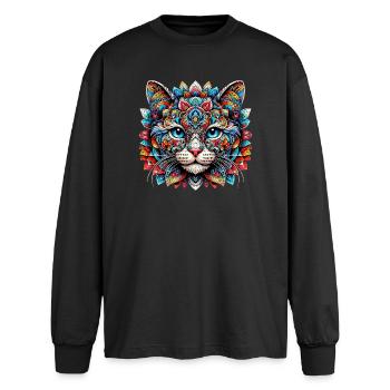Katze mit Mandalas verziert - Oversized Langarmshirt  - Schwarz - Vorne - AI Model Male 185 light (185cm)