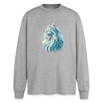Blauer Katzenkopf, geometrische Kunst, Polygone - Oversized Langarmshirt  - Grau meliert - Vorne - AI Model Female 180 light (180cm)