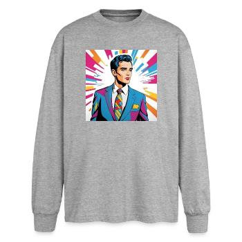 Portrait style pop art homme élégant - T-shirt manches longues oversize - gris chiné - Devant - AI Model Female 180 light (180cm)