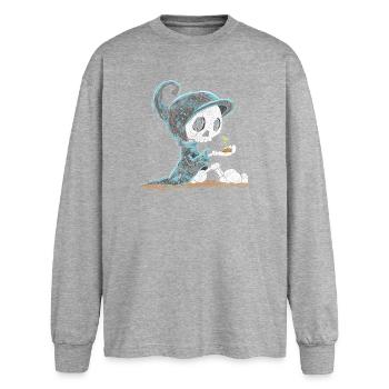 Skelett Hält Pflanze Hoffnung Entstehung - Oversized Langarmshirt  - Grau meliert - Vorne - AI Model Female 180 light (180cm)