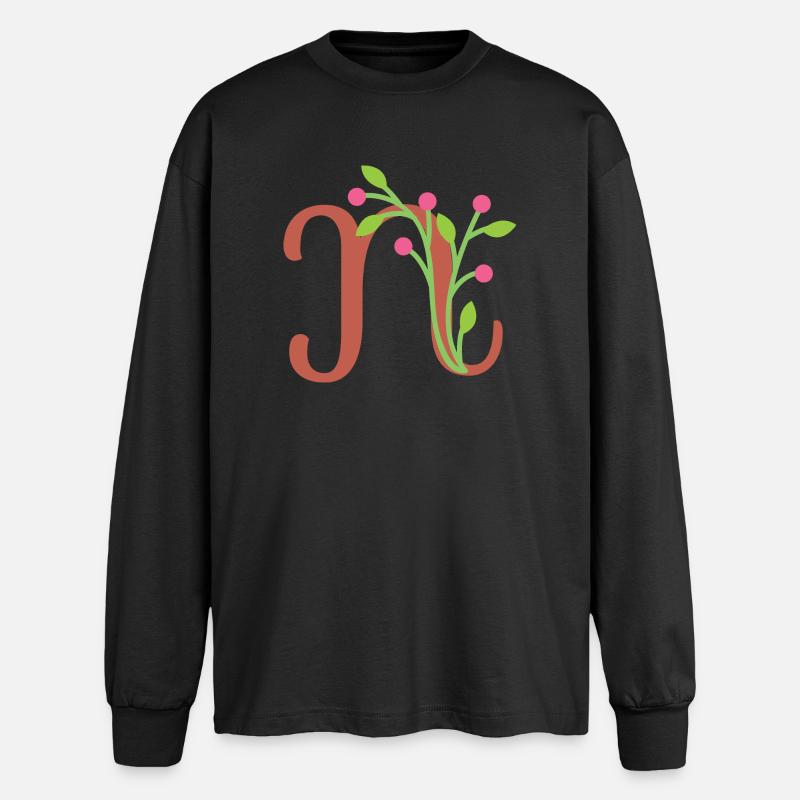 Eleganter Buchstabe 'N' mit Blumen - Oversized Langarmshirt  - Schwarz