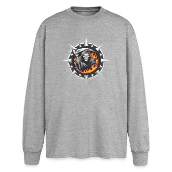 Flaming Reaper on Spiked Crest - Oversized Long Sleeve T-Shirt - sports grey - Front - AI Model Female 180 light (180cm)