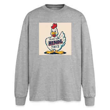 Huhn "Trying to hendl this" - Oversized Langarmshirt  - Grau meliert - Vorne - AI Model Female 180 light (180cm)