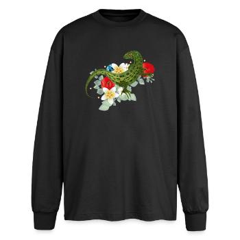 Grüne Eidechse auf Blumen botanisches Motiv - Oversized Langarmshirt  - Schwarz - Vorne - AI Model Male 185 light (185cm)