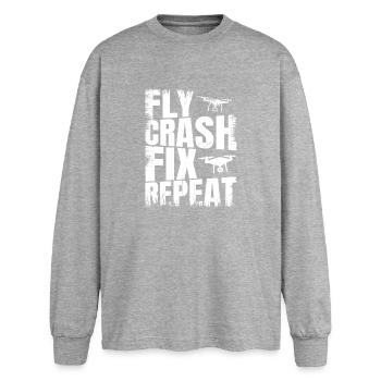 Fly_Crash_Fix_Repeat - Oversized Langarmshirt  - Grau meliert - Vorne - AI Model Female 180 light (180cm)