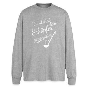 Du stehst dem Schöpfer Gegenüber - Oversized Langarmshirt  - Grau meliert - Vorne - AI Model Female 180 light (180cm)