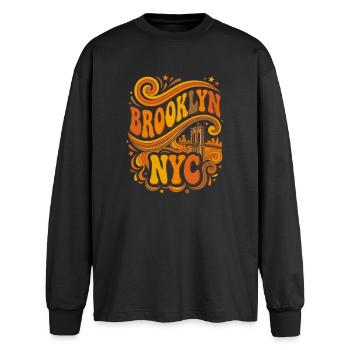 Brooklyn NYC - Retro 70s Bridge Orange - Oversized Long Sleeve T-Shirt - black - Front - AI Model Male 185 light (185cm)