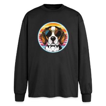 Sonnenbrillen-Hund im Retro-Streifenlook - Oversized Langarmshirt  - Schwarz - Vorne - AI Model Male 185 light (185cm)
