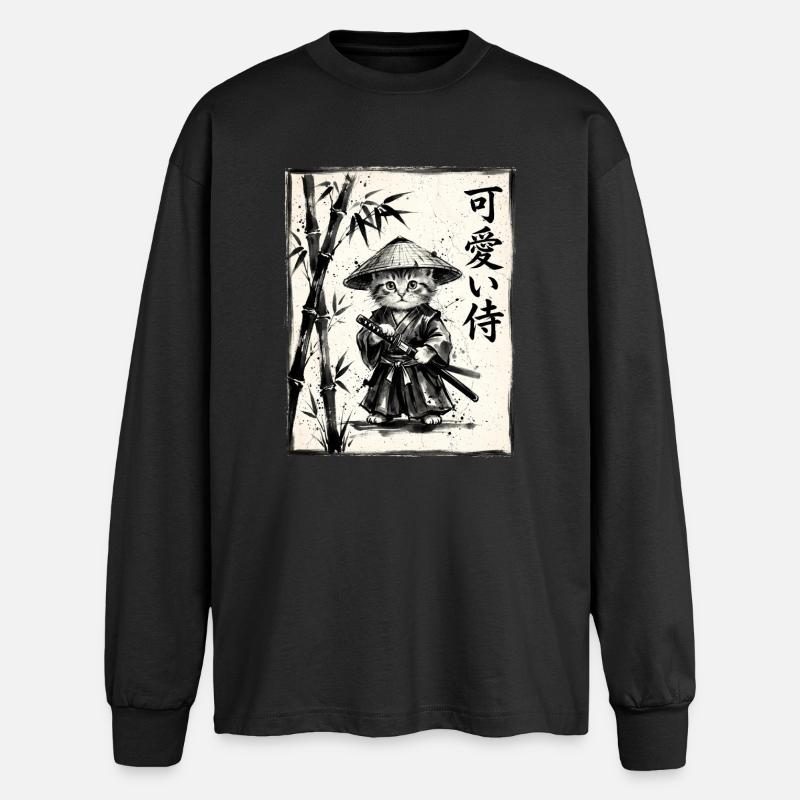 Samurai Cat Sumi-e Ink Drawing - Oversized Long Sleeve T-Shirt - black