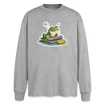 Frog Reading Pond Librarian Humor Reading - Oversized Long Sleeve T-Shirt - sports grey - Front - AI Model Female 180 light (180cm)