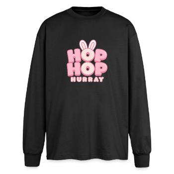 Hop Hop Hurray | Cute Bunny Saying Motif - Oversized Long Sleeve T-Shirt - black - Front - AI Model Male 185 light (185cm)