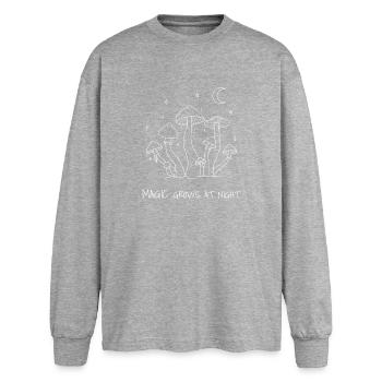 Magie wächst nachts Pilzdesign - Oversized Langarmshirt  - Grau meliert - Vorne - AI Model Female 180 light (180cm)