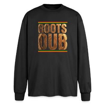 Roots Dub Reggae Holz - Oversized Langarmshirt  - Schwarz - Vorne - AI Model Male 185 light (185cm)