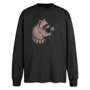 Whimsical Raccoon Dandelion Vintage Sketch Animal - Oversized Langarmshirt  - Schwarz - Vorne - AI Model Male 185 light (185cm)
