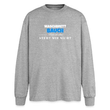 Waschbrett Bauch Spruch – Steht Mir Nicht - Oversized Langarmshirt  - Grau meliert - Vorne - AI Model Female 180 light (180cm)
