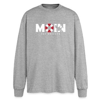 Lustiger Spruch " Moin Ihr Spacken " - Oversized Langarmshirt  - Grau meliert - Vorne - AI Model Female 180 light (180cm)