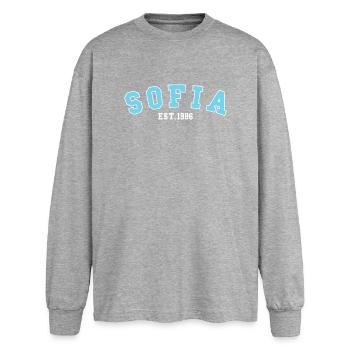Sofia gegründet 1986 - Oversized Langarmshirt  - Grau meliert - Vorne - AI Model Female 180 light (180cm)