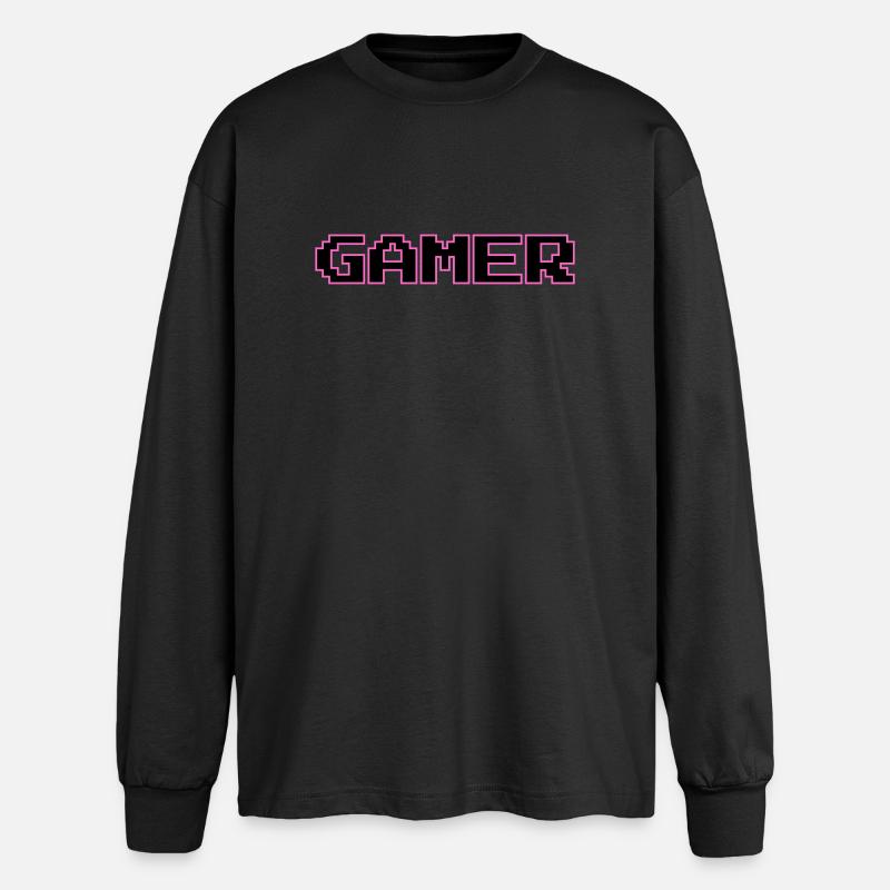 Retro Gamer Pixel Text - Oversized Langarmshirt  - Schwarz