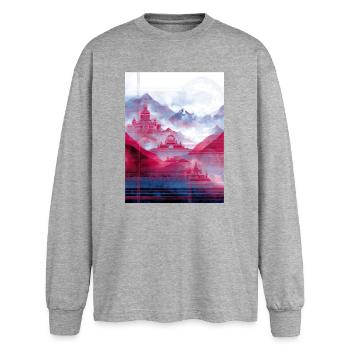 Psy-Art - Tempel über Berglandschaft - Oversized Langarmshirt  - Grau meliert - Vorne - AI Model Female 180 light (180cm)