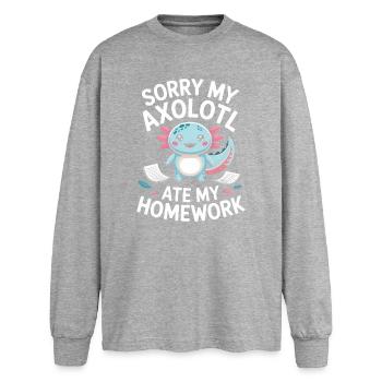 Axolotl-Hausaufgaben-Ausrede - Oversized Langarmshirt  - Grau meliert - Vorne - AI Model Female 180 light (180cm)