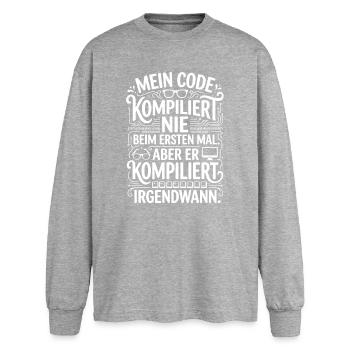 Mein Code Kompiliert Nicht Beim Ersten Mal - Oversized Langarmshirt  - Grau meliert - Vorne - AI Model Female 180 light (180cm)