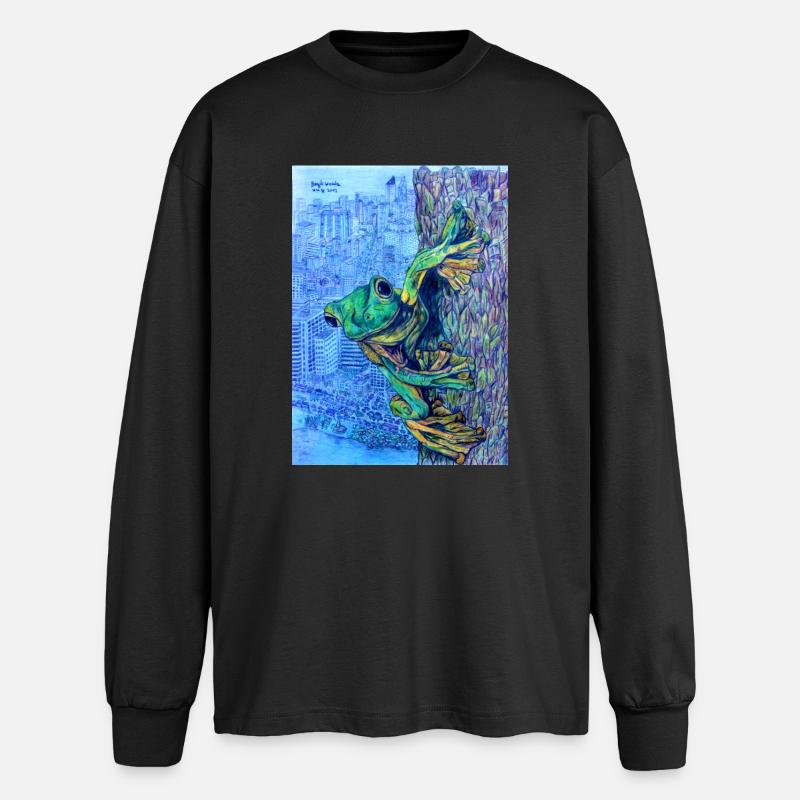 Frosch auf Baum mit Stadtansicht - Oversized Langarmshirt  - Schwarz