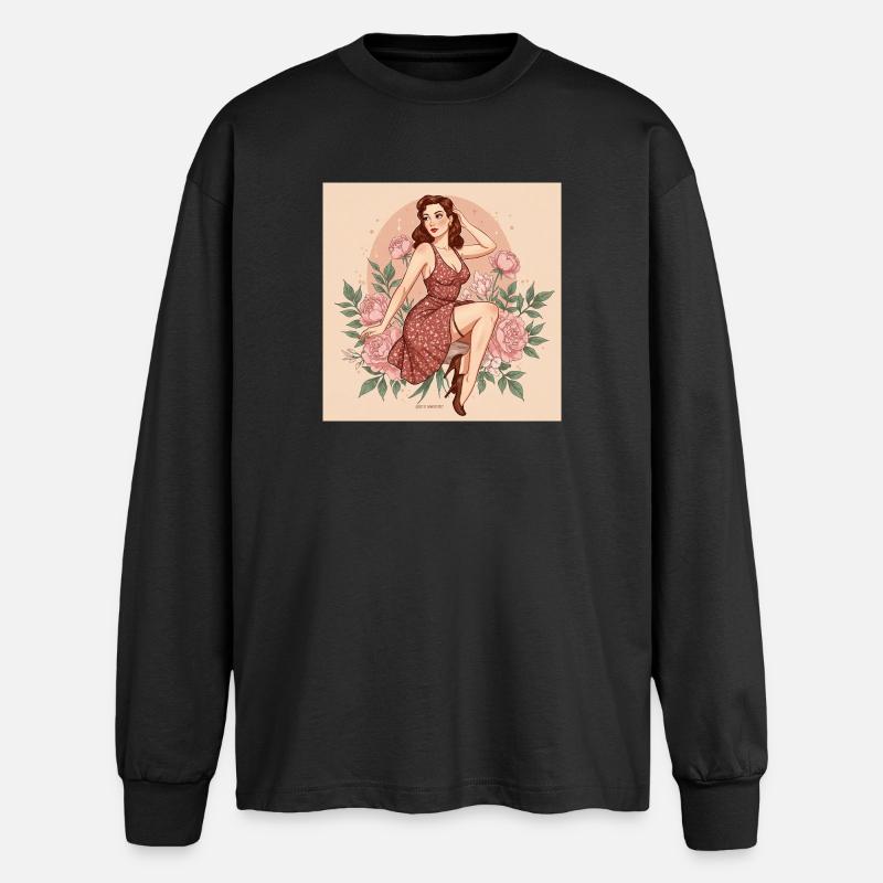 Retro Damen Figur mit Blüten und 50s Stil - Oversized Langarmshirt  - Schwarz