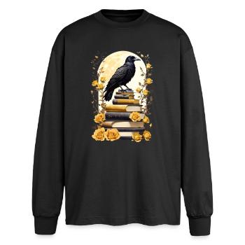 Stack of books with raven - Oversized Long Sleeve T-Shirt - black - Front - AI Model Male 185 light (185cm)