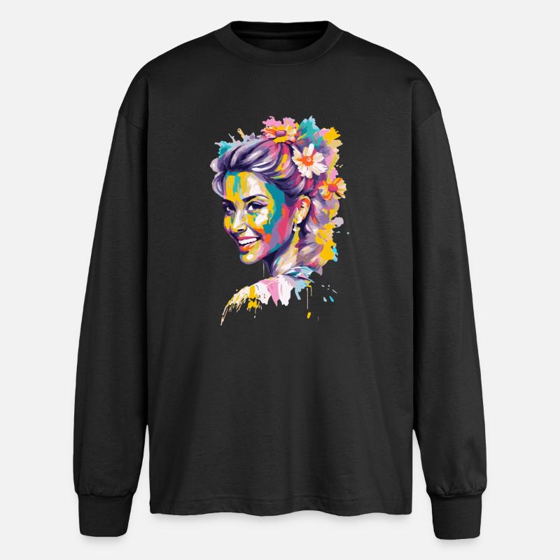 Buntes Blumiges Popporträt - Oversized Langarmshirt  - Schwarz