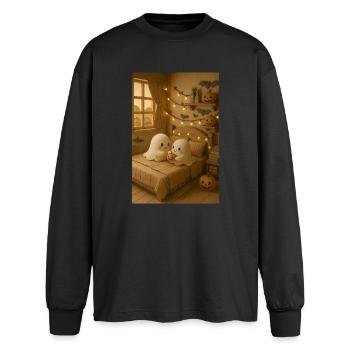 Halloween douillet fantôme - T-shirt manches longues oversize - noir - Devant - AI Model Male 185 light (185cm)