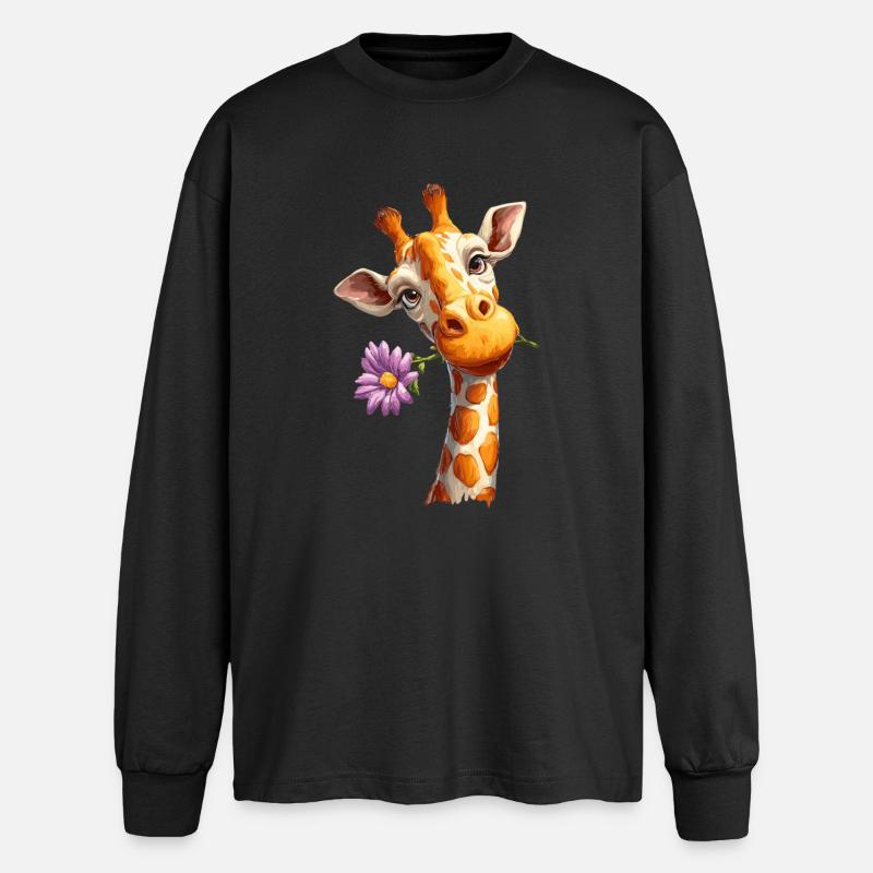 Giraffe mit Blume - Oversized Langarmshirt  - Schwarz