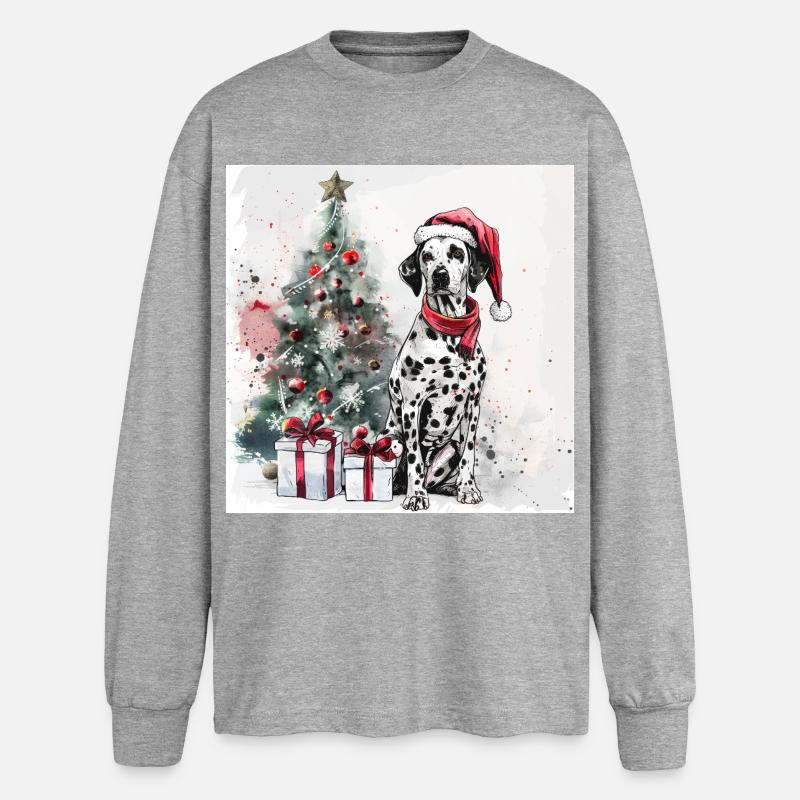 Dalmatiner mit Weihnachtsmütze - Oversized Langarmshirt  - Grau meliert